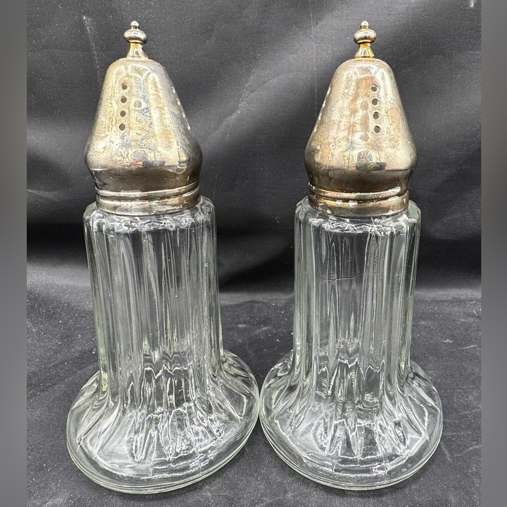 Vintage EAPG Glass Salt and Pepper Shakers with Silver Plated Tops